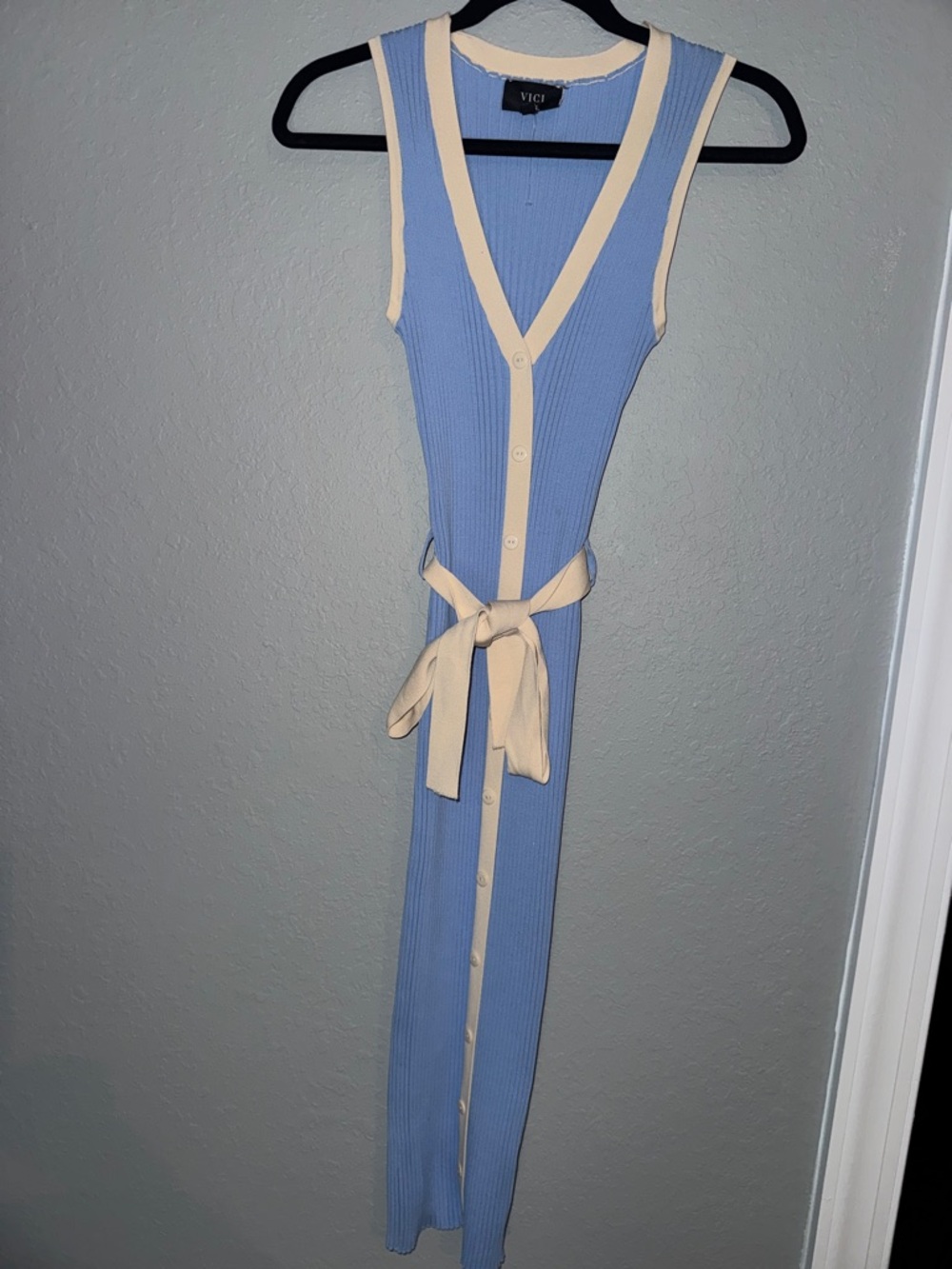 Vici Light Blue & Cream Ribbed Button-Front Maxi Dress with Tie Belt